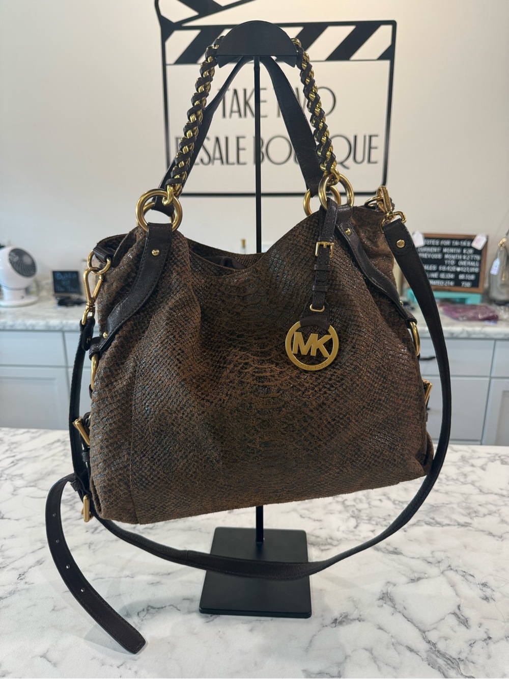 Michael Kors Brown Snakeskin-Embossed Shoulder Bag with Gold Hardware